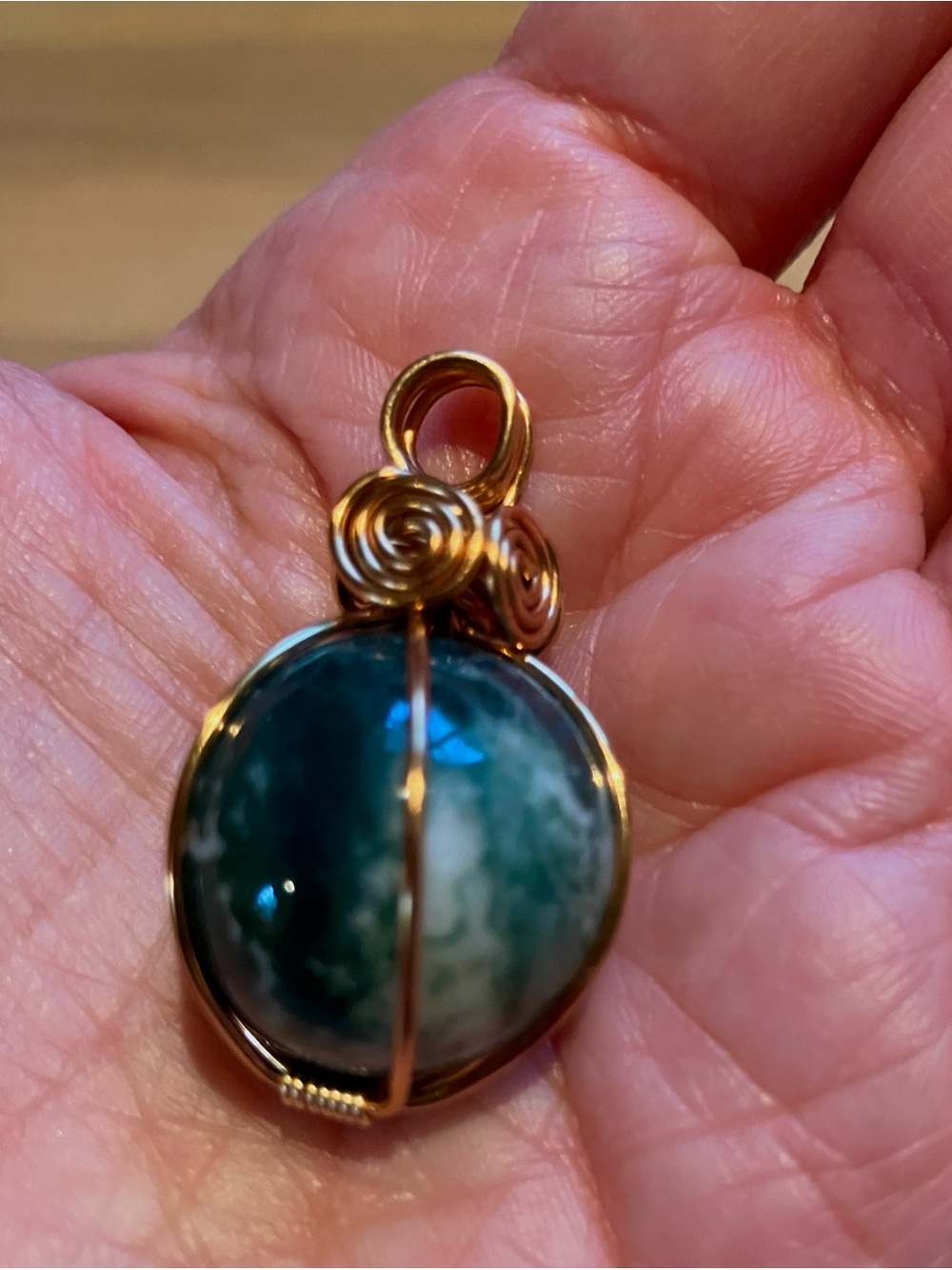 Handcrafted Gold Wire Moss Agate Pendant - Green Stone Necklace Charm